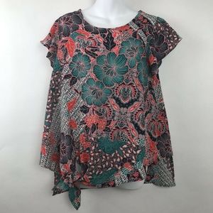 Label Rachel Roy Batik Style Blouse Floral Tie M